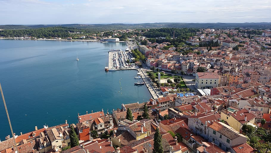 city, panorama of, sea, rovinj, building exterior, architecture, water, built structure, high angle view, residential district