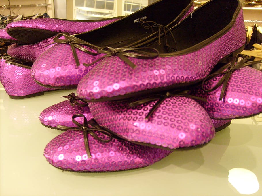 assorted, pairs, pink, sequined, flat, shoes, Shoe, Display, Purple, Sequins