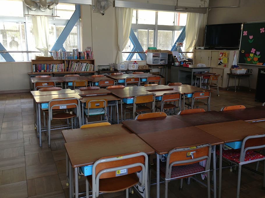 foto, kosong, kamar, meja, kursi, jepang, ruang kelas, sekolah, pendidikan, di dalam ruangan