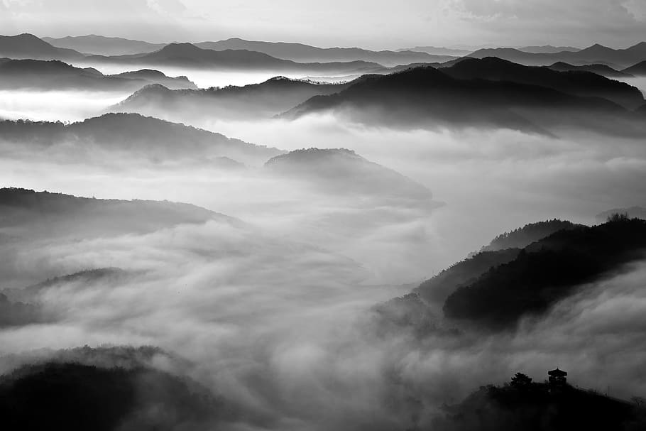 foggy mountain, cloud, ink painting, oriental, mountain, nature, scenery, black and white, sea, a sea of ​​clouds