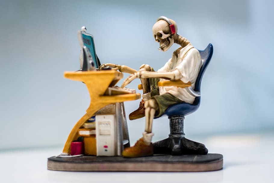 humano, esqueleto, sentado, cadeira, figura da mesa da frente, Internet, Crânio, Web, Ícone de, Perigo