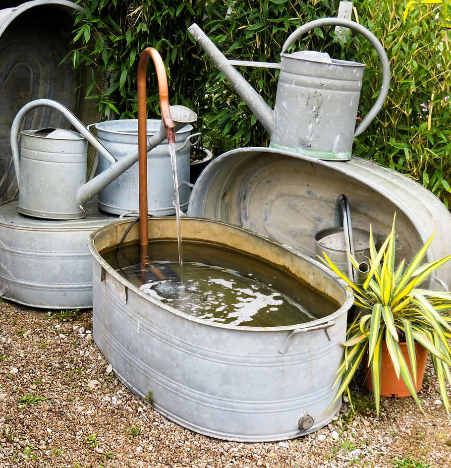 Jardín, baño, regadera, balde, agua, recipiente, grifo, fuente, fuente de agua, chorro de agua