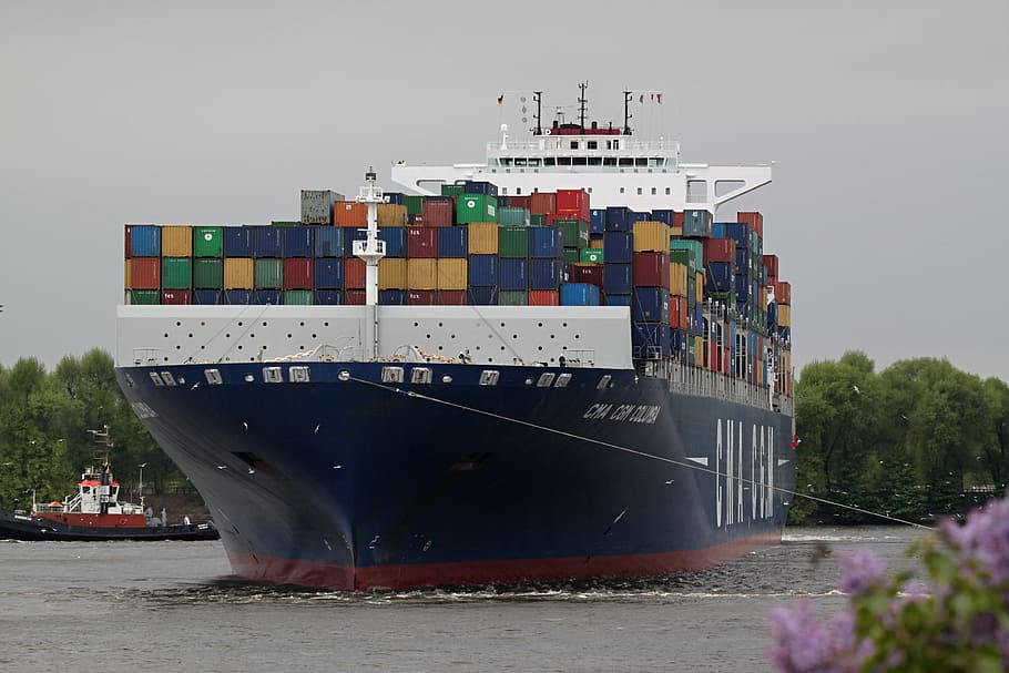 blue, red, cargo ship, sea, Container, Ship, River, Boot, container, ship, container ship
