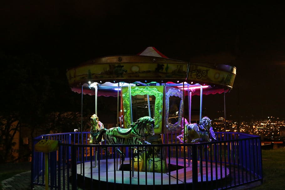 carusel, horse, entertainment, roundabout, children, night, illuminated, amusement park, amusement park ride, carousel