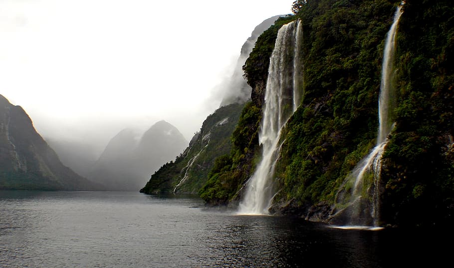 Doubtful Sound, Fiordland, NZ, scenery, waterfalls, daytime, water, scenics - nature, beauty in nature, mountain
