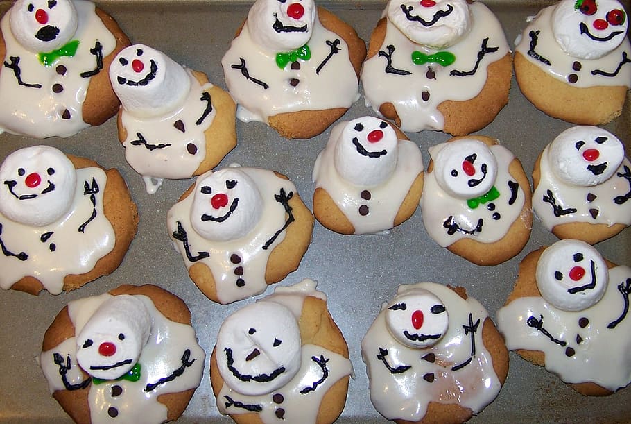 비스킷, 크림 토핑, 크리스마스, 쿠키, 녹는, 눈사람, 겨울, 눈, 음식, 마시멜로