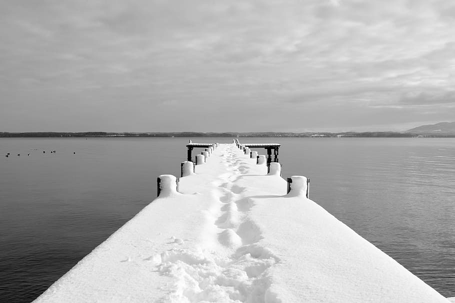 dock, covered, snow, white, cloudy, sky, winter, web, boardwalk, water