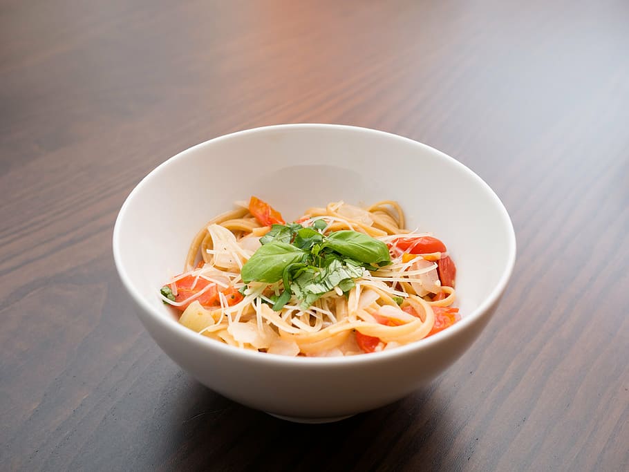 pasta, vegetable, white, ceramic, bowl;, cooked, food, bowl, brown, wooden