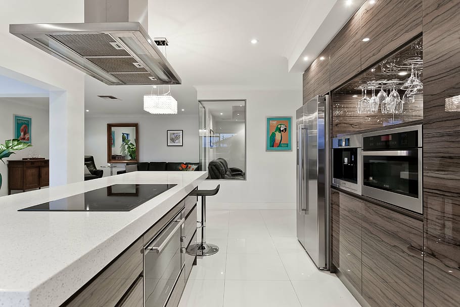 rectangular, white, kitchen island, dining, entertaining, lifestyle, kitchen, living, domestic kitchen, refrigerator