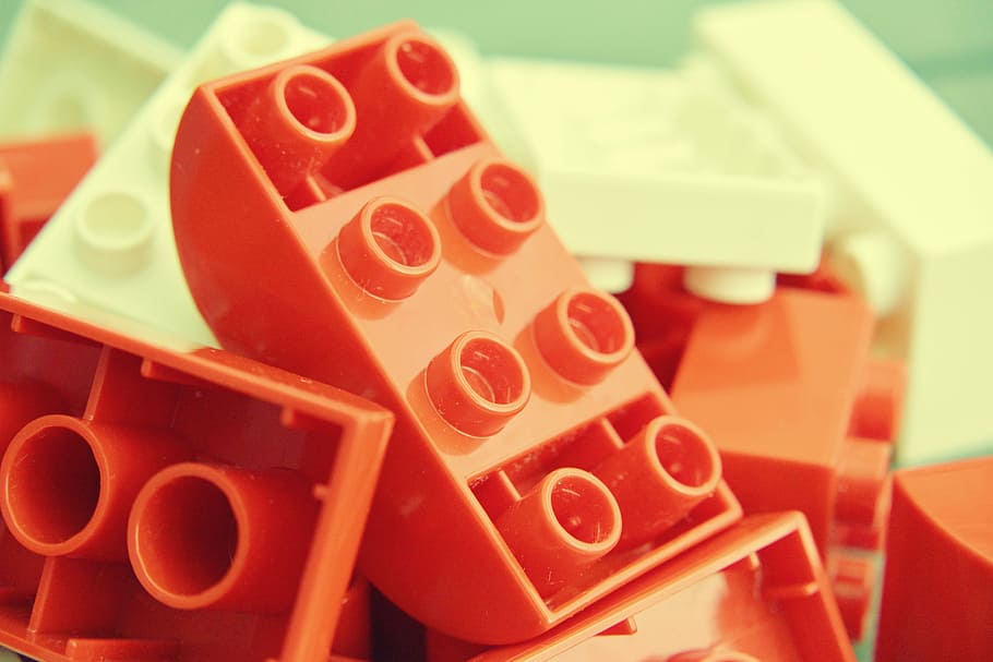 bloque de construcción naranja, lego duplo, compilación, módulo, macro, cerrar, plástico, adentro, gran grupo de objetos, primer plano