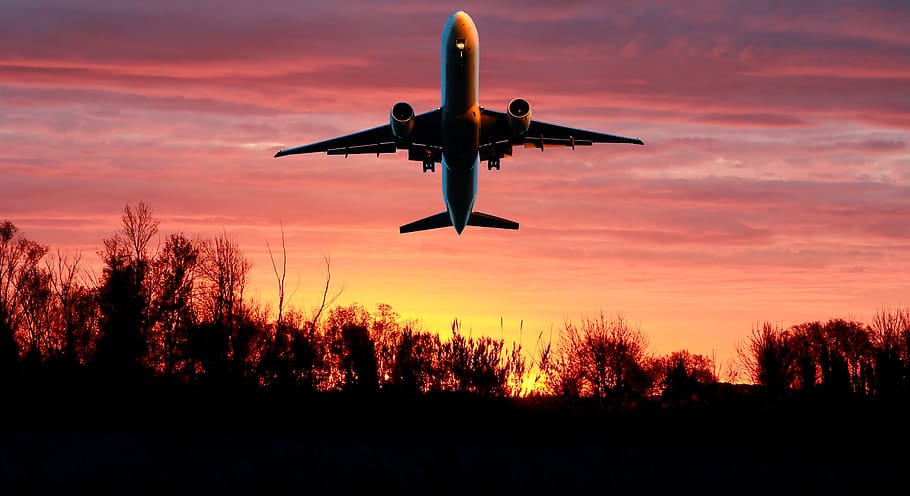 sunset, aircraft, transport, sky, silhouette, sun, flight, orange, landscape, light