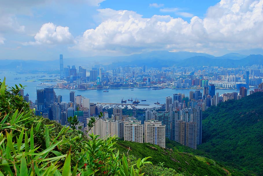 vistas frente, montaña, ciudad, rascacielos, vistas, frente, hong kong, paisaje urbano, horizonte de hong kong, horizonte