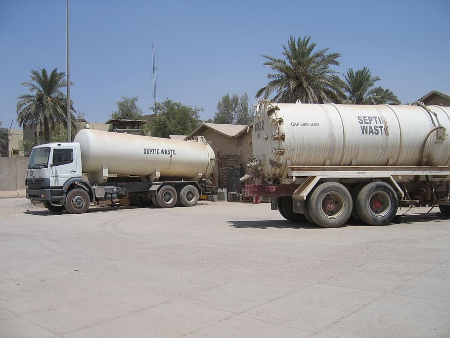 truck, iraq, water, sand, septic waiste, transportation, tree, land vehicle, mode of transportation, business