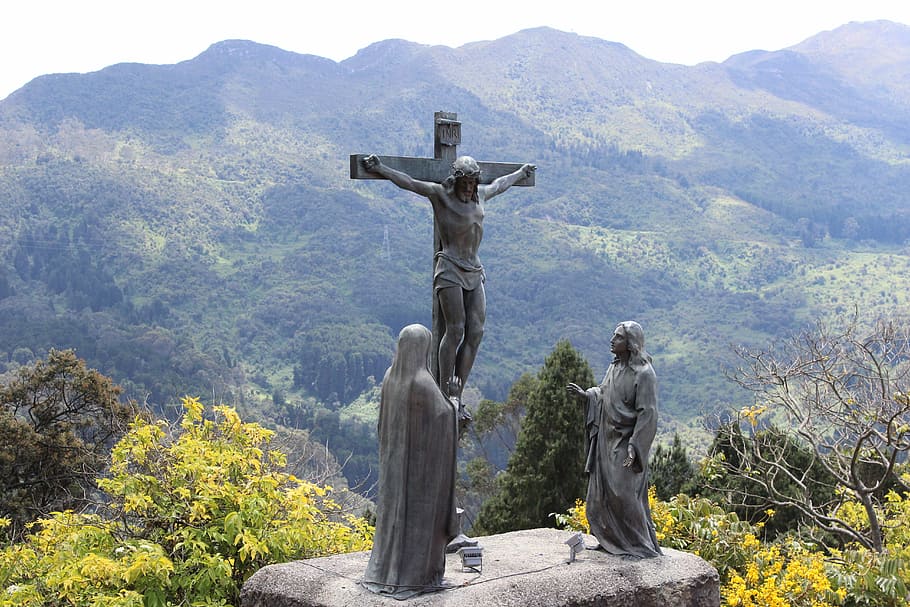 jesus christ statue, mountain, day time, nativity scene, jesus, cruz, colombia, bogota, monserrate, human representation