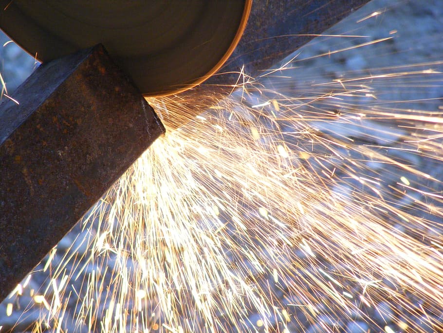 person, cutting, metal bar, angle, fire, grinder, heat, metal, sparks, yellow