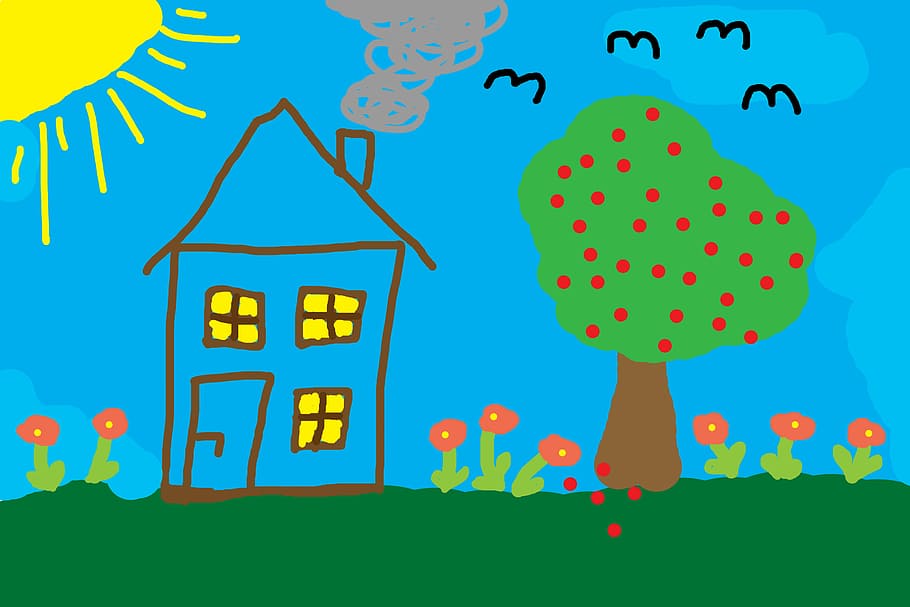 biru, rumah, di samping, hijau, pohon, menggambar, menggambar anak-anak, padang rumput, warna-warni, ilustrasi