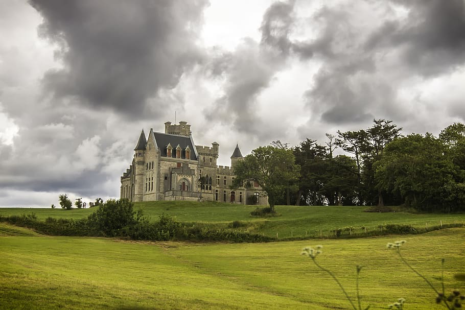 Château, dans, la, castle, grass, field, scneery, plant, architecture, cloud - sky