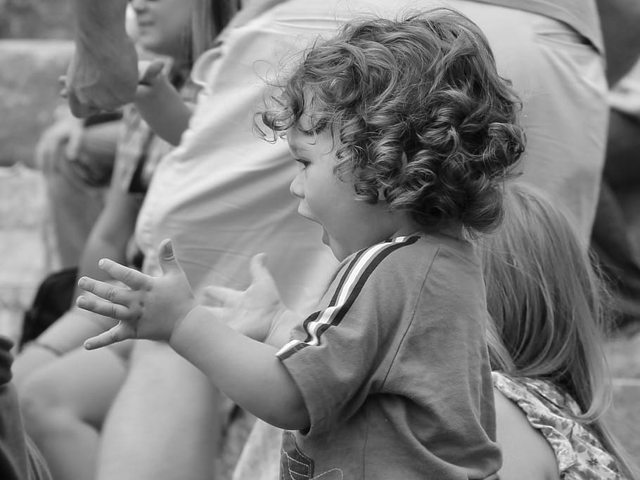 clapping boy, happy, kid, clapping, hands, black and white, music, people, children, boy