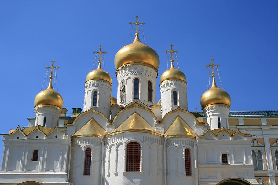 archeology, church, building, white, religion, russian orthodox, towers, golden onion domes, arched features, blue sky