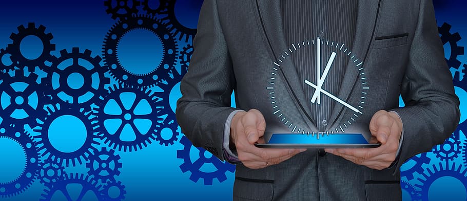 person, holding, blue, base clock, time, businessman, tablet, gears, organization, organize