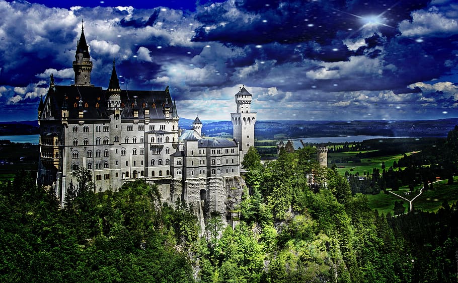 castillo, arriba, colina, verde, árboles, kristin, castillo de hadas, allgäu, castillo de neuschwanstein, baviera