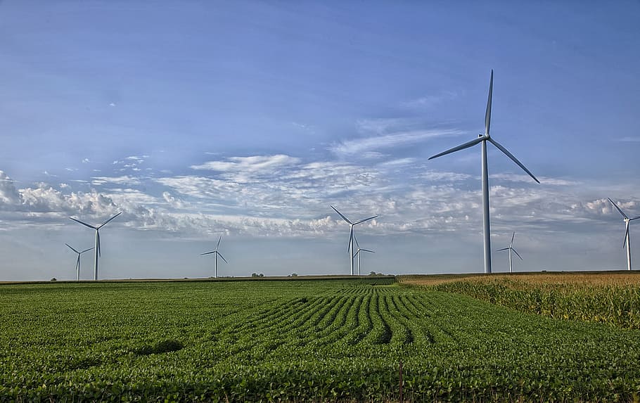 white, wind turbines, daytime, missouri, energy, green energy, sky, clouds, farm, rural
