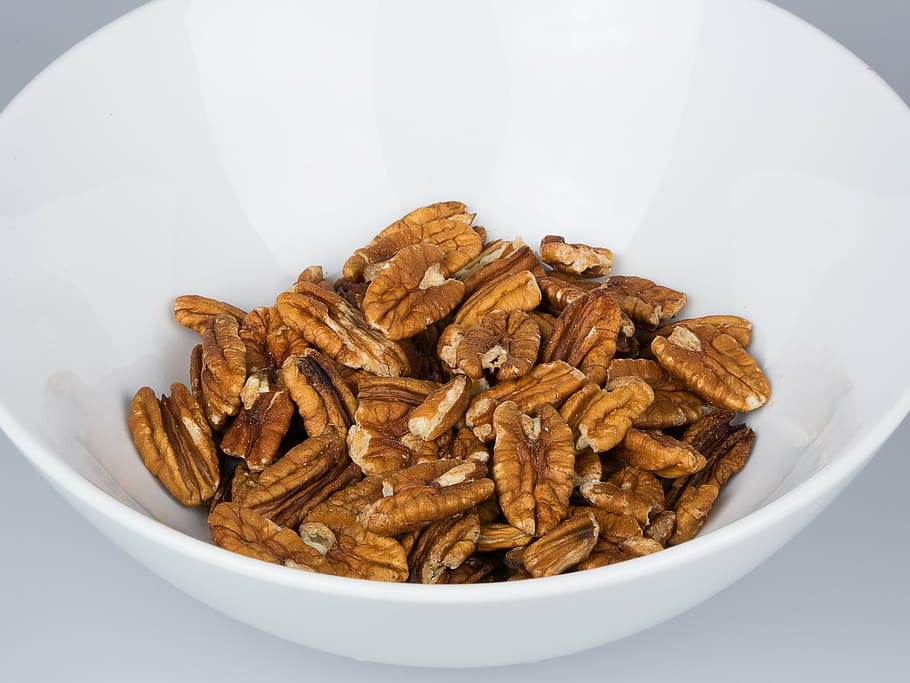 pecan nuts, white, ceramic, bowl, pecan, nut, isolated, vegetarian, natural, delicious