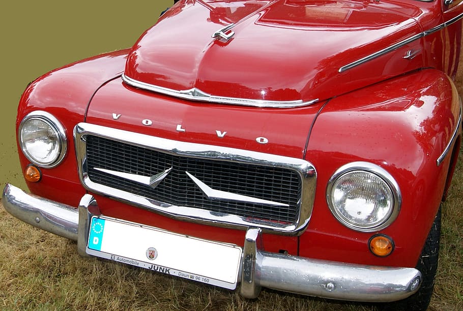 auto, volvo, rarity, spotlight, front, red, hood, old, classic, grille