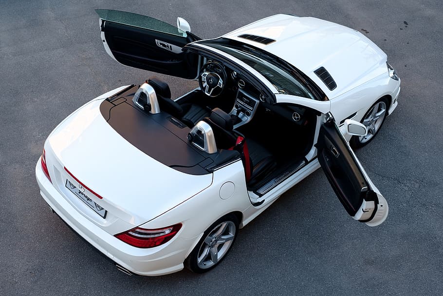 white, bmw coupe, 2 doors, open, gray, pavement, car, mercedes, slk, auto
