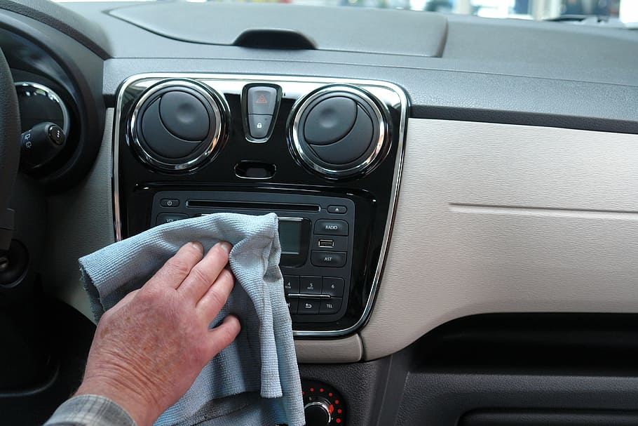 person, wiping, car stereo, auto, car wash, transport, car care, inside, cleaning, dashboard