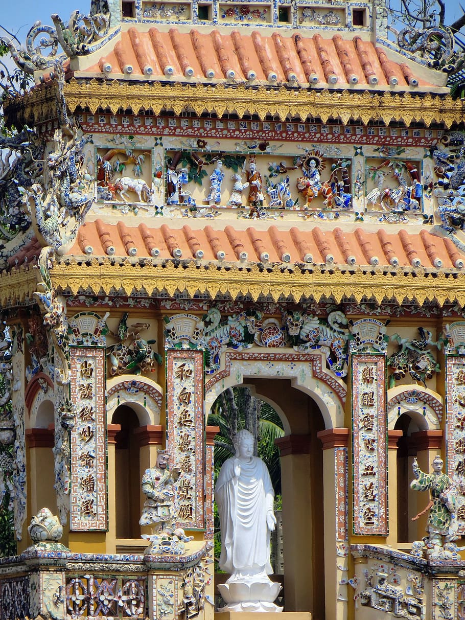 ベトナム, カオダイ寺院, ドア, 装飾, 彫像, ポーチコ, 宗教, 建築, 構築された構造, アートとクラフト