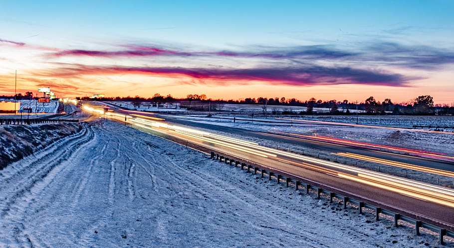 twilight, sunset, interstate, light streak, highway, transportation, traffic, sky, cloud - sky, snow