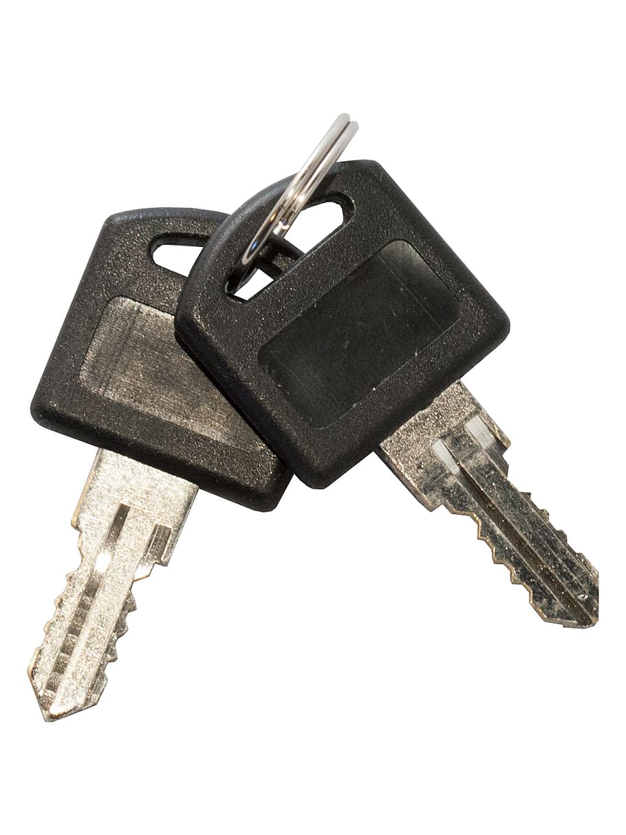 key, keys, keychain, novelty, metal, plastic, black, on a white background, cut-out, draft
