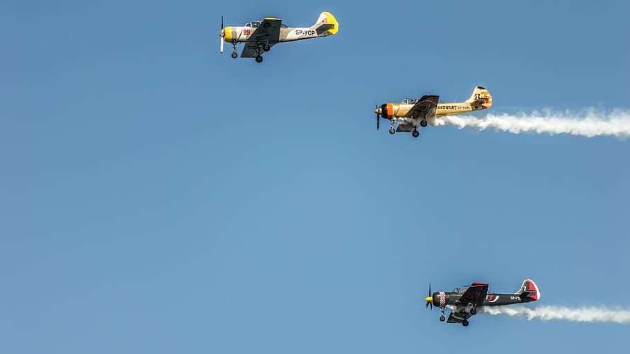 three, monoplane, flying, high, contrails, Airplane, Aircraft, Yak52, Smoke, Plane