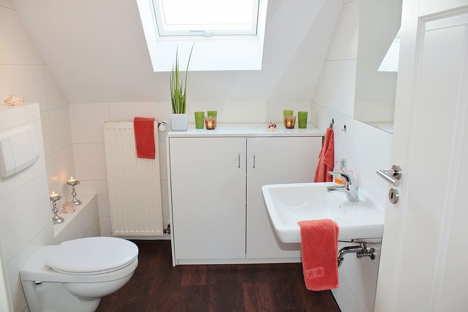 white wooden cabinet, bathroom, bad, toilet, bathroom sink, sanitaryblock, apartment, architecture, setup, set up