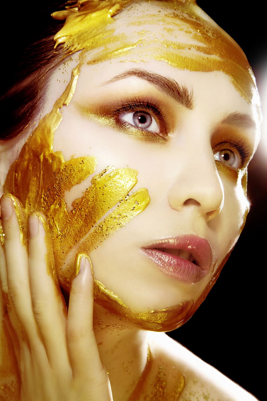 woman, covered, golden, paint, painting, creative, makeup, yellow, elegant, elegance