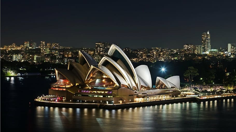sydney opera house, night, harbor, city, landmark, water, architecture, skyline, evening, landscape