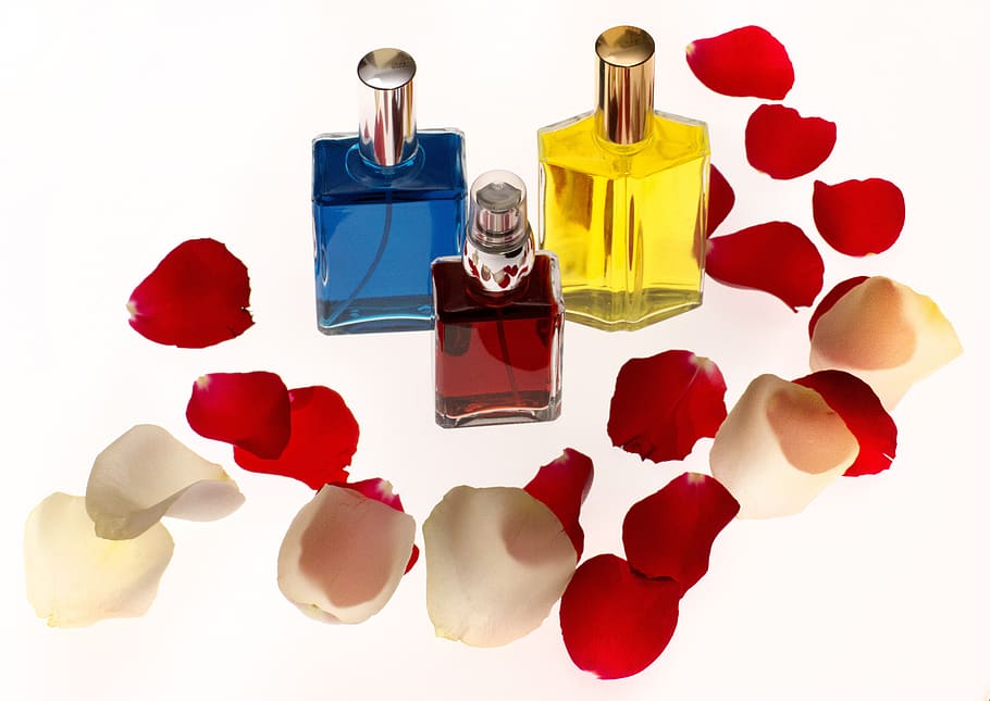 bottles, perfume, color, petals, rosa, fragrance, well-being, care, spa, relaxation