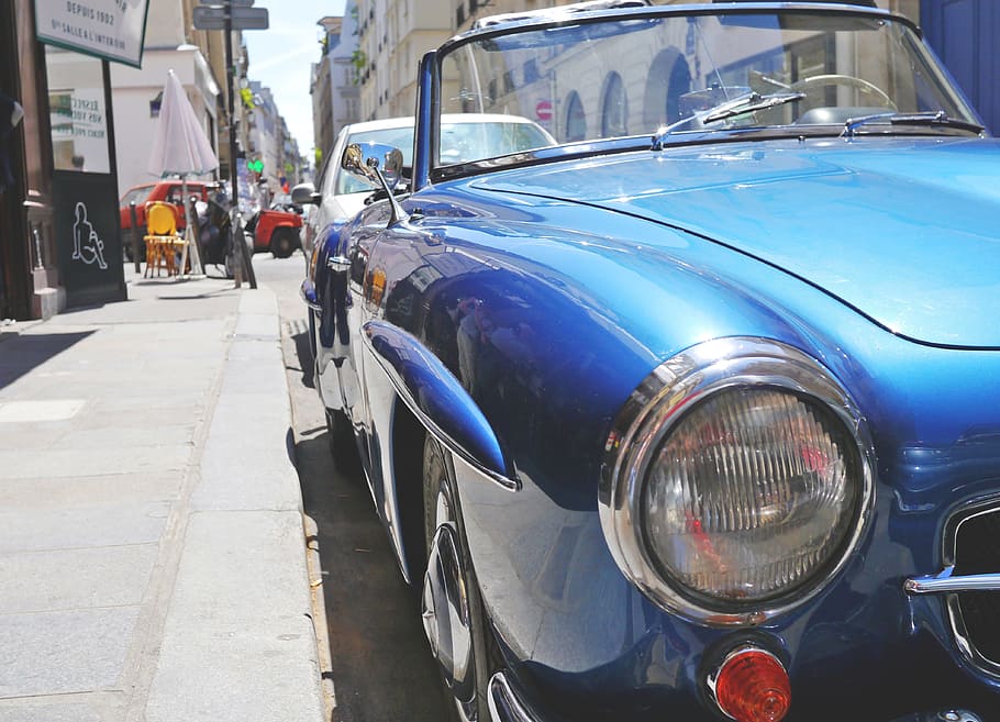 closeup, blue, car, oldtimer, mercedes, auto, vehicle, cabriolet, classic, old