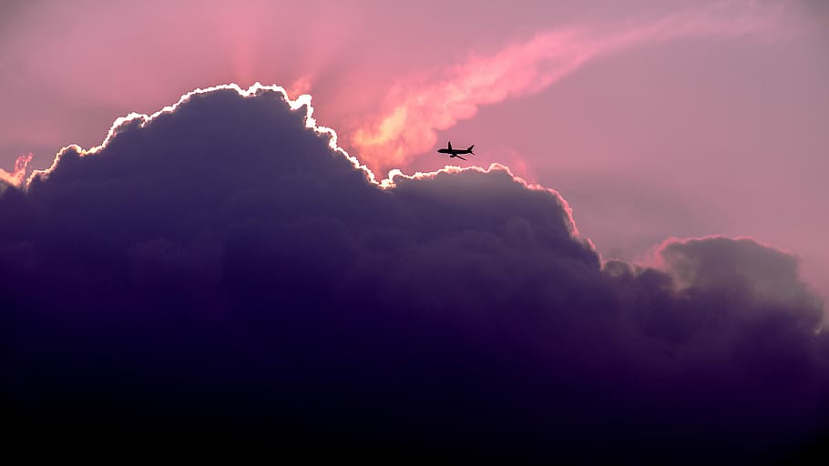 silhueta, avião comercial, Pôr do sol, avião, nuvens, natureza, céu, nuvem - céu, clima, cloudscape