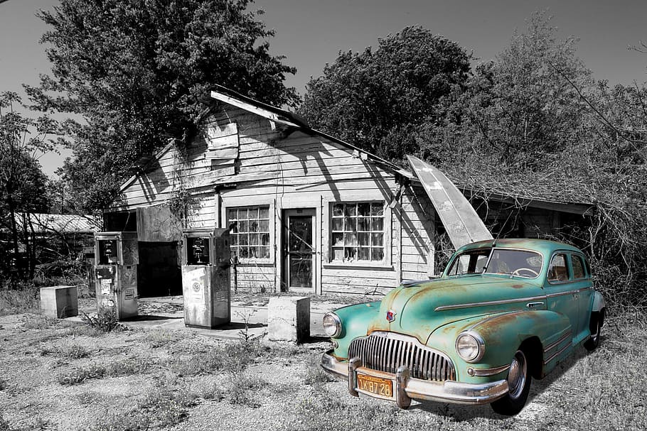 selectivo, fotografía en color, vintage, verde, coche, estacionado, al lado, blanco, de madera, casa