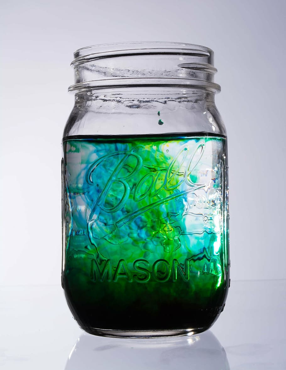 clear glass jar, glass, jar, abstract, water, food coloring, swirl, blue, green, mason