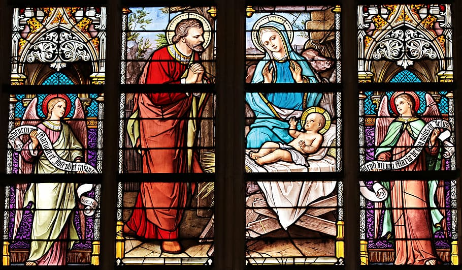 birth, jesus tiffany glass, church window, window, church, stained glass, glass, shine through, color, architecture