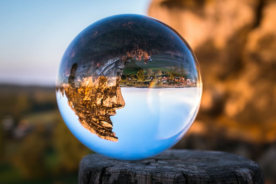 clear glass ball, glass ball, devil's wall, face, rock face, resin, globe image, rock, hike, stone formation