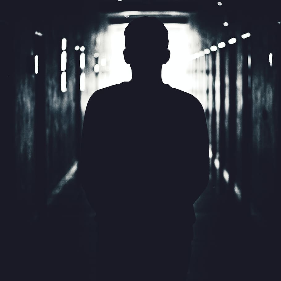 silhouette, man, alley, people, walking, alone, dark, tunnel, one person, indoors