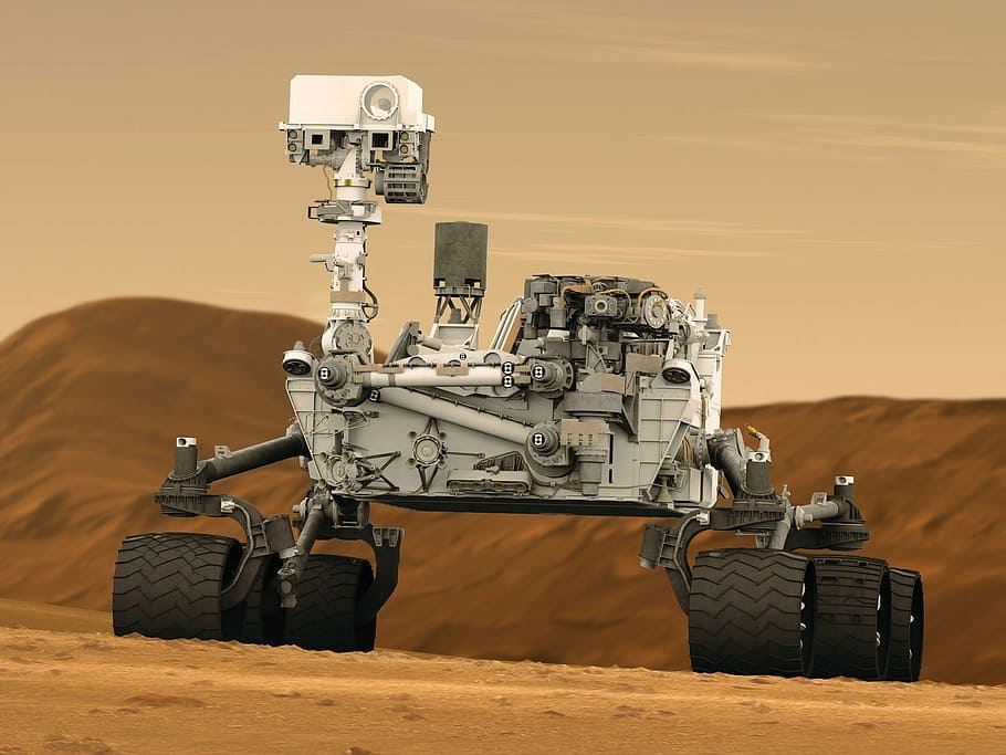 white, buggy, sand landscape, mars rover, curiosity, space travel, robot, technology, cosmos, martian surface