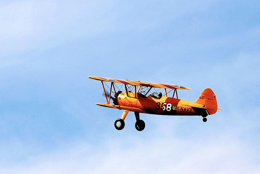 orange, u.s navy biplane, flight, Biplane, Airplane, Plane, Oldtimer, planes, propeller, fly