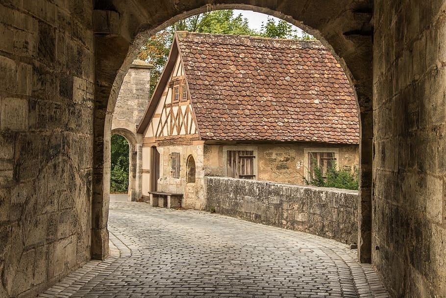 photograph of archway, rothenburg, fachwerkhaus, historically, city, truss, old town, building, middle ages, places of interest