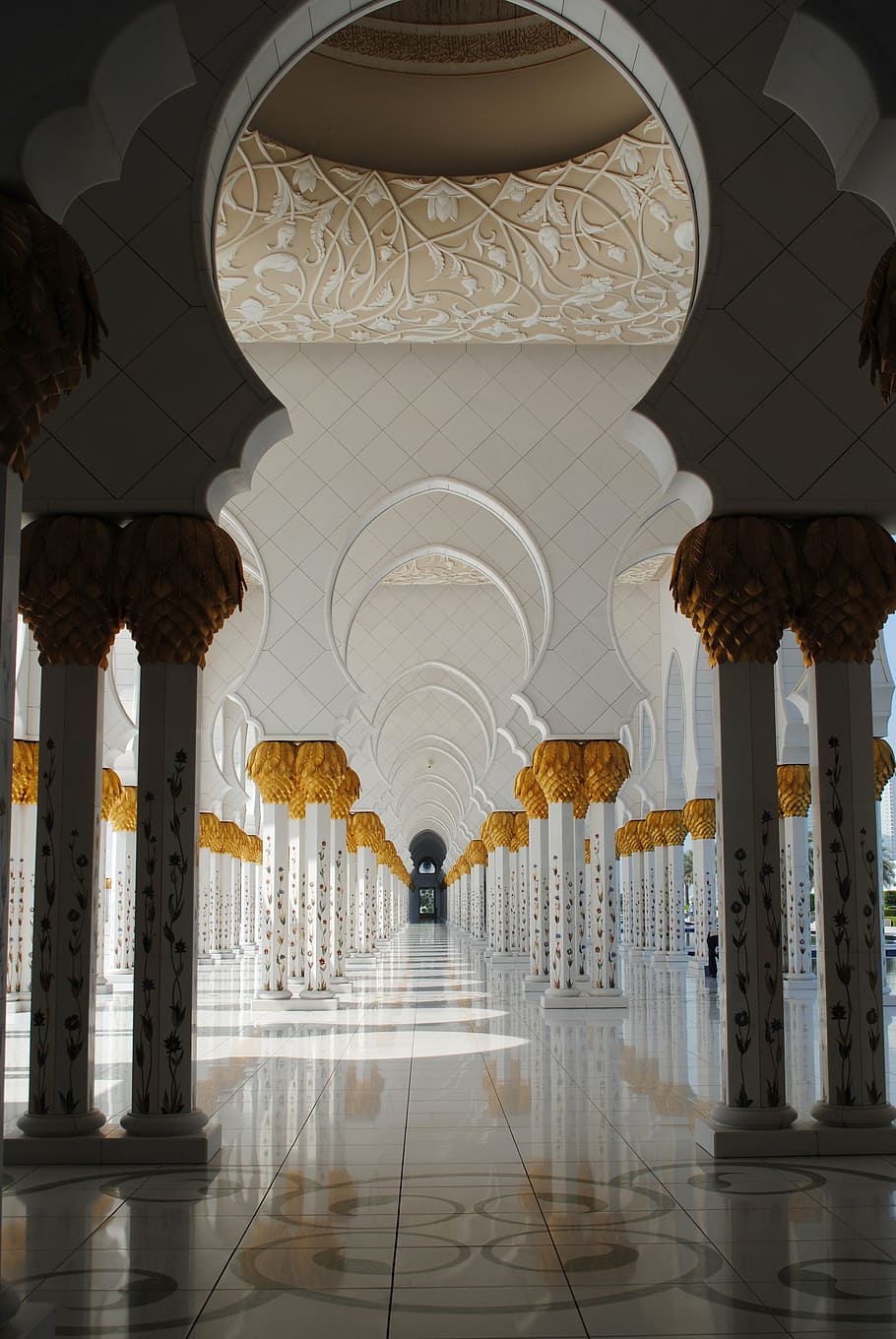 white, concrete, pillars, inside, building, mosque, abu dhabi, white mosque, emirates, orient