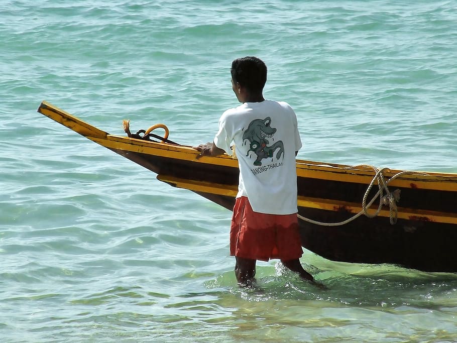 thai, fishing, boat, person, boy, male, thailand, asia, tropical, island